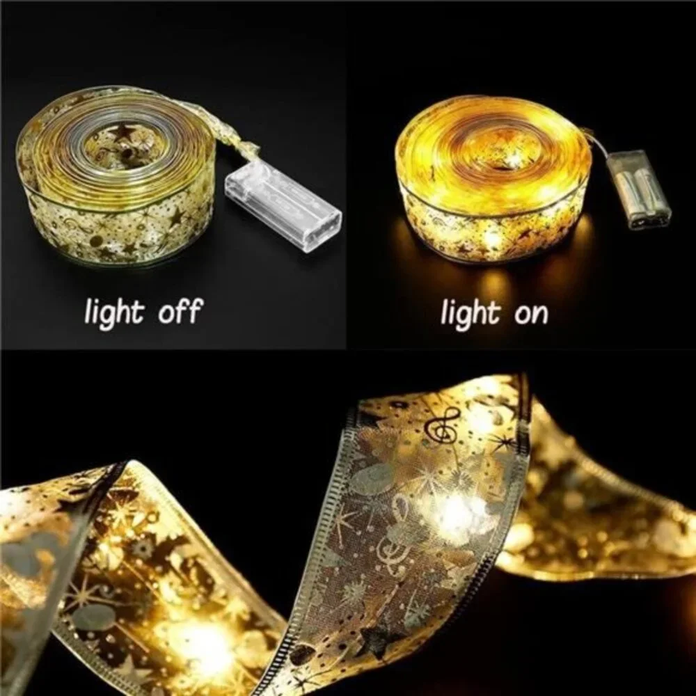 32ft 100 LED Christmas Tree String Lights with Gold Ribbon Bows -Battery Powered